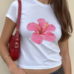 Pink Hibiscus Flower 90s Baby Tee, Aesthetic Y2K Baby Tee, Summer 90s T-Shirt, Lilly Y2K Baby Tee, Vintage Tropical Summer Tee, Tropicalcore