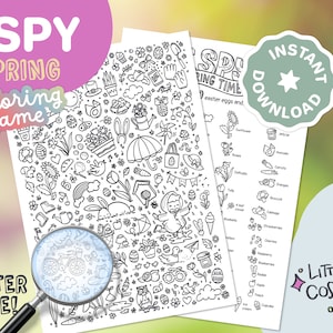 May include: A black and white printable I Spy colouring game featuring spring and Easter themes. The game includes a list of items to find, such as a sunflower, a rose, a tulip, a four-leaf clover, blueberries, a rabbit, an apple, and a cupcake.