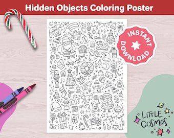 May include: Black and white printable coloring page featuring a Christmas-themed hidden object scene. The page is filled with various holiday icons, including a Christmas tree, Santa Claus, presents, candy canes, and more. The text "INSTANT DOWNLOAD" is visible in the upper right corner of the page.