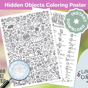May include: A black and white "Hidden Objects Coloring Poster" with a spring theme. The poster features detailed illustrations of Easter eggs, flowers, and other spring-related items. The words "SPRING TIME! EASTER" are also visible.