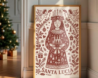 May include: A framed Santa Lucia print in a room with a Christmas tree. The print features a woman with candles and the text "SANTA LUCIA" in a decorative style. The room has a hardwood floor and white walls.