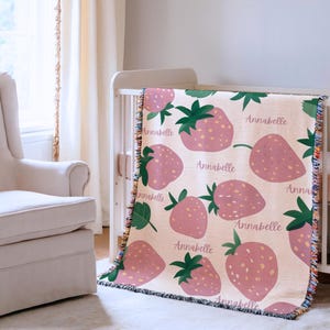 Pink Strawberry Name Blanket Personalized Strawberry Blanket Name Blanket for Girl Cute Kids Nursery Decor Gift For Baby Girl Fruit design