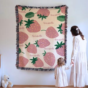 Pink Strawberry Name Blanket Personalized Strawberry Blanket Name Blanket for Girl Cute Kids Nursery Decor Gift For Baby Girl Fruit design