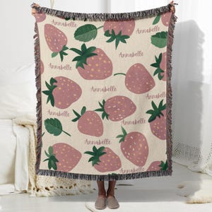 Pink Strawberry Name Blanket Personalized Strawberry Blanket Name Blanket for Girl Cute Kids Nursery Decor Gift For Baby Girl Fruit design