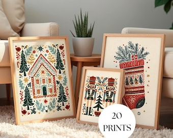 May include: Three framed art prints in light wood frames. One print features a gingerbread house with pine trees, one shows two nutcrackers with a tree, and one displays a Christmas stocking filled with pine branches. Text reads 20 PRINTS.