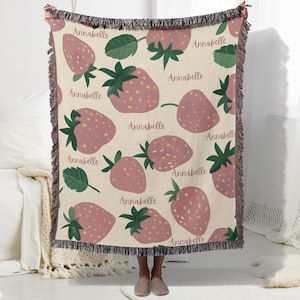 Personalized Strawberry Blanket Pink Strawberry Name Blanket for Baby Girl Cute Kids Nursery Decor Strawberry throw Cute Gift for Daughter
