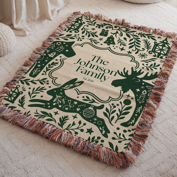 Scandinavian Blanket With Family Name Nordic Holiday Throw Christmas Folk Art Custom Scandinavian Decor Personalized Housewarming Gift
