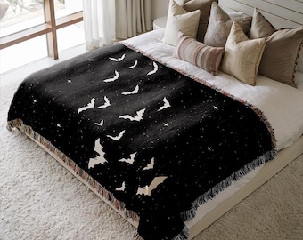 Whimsigoth Decor Neutral Halloween Blanket Black Bat Woven Throw Blanket Fall Home Decor Host Gift Gothic Halloween