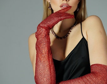 Dazzle in Crimson: Tall Red Shiny Glitter Gloves for Festive Glamour! Perfect for the holidays, parties, events, photoshoot