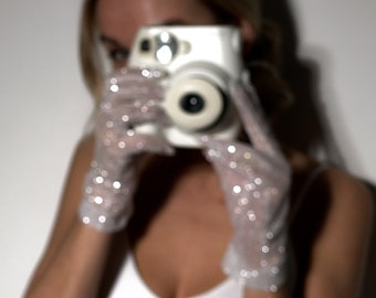 Gorgeous Stunning Short Shiny Glitter White Gloves for Brides, Wedding, for Parties, for prom party. Luxury gloves, unique and special