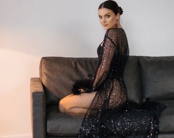 Enchanting Nights: Black Sheer Robe with Beads, Sequins, and Glamorous Feathered Sleeves