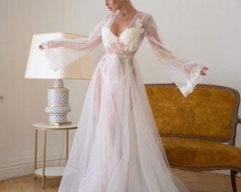Sheer Bridal Robe with Lace Appliqué – Wedding Morning Dressing Gown, Long Tulle Robe, Bride Getting Ready Outfit