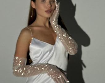Glamourous Silver Sparkle: Shimmering Long Gloves with Glitter. Wedding gloves. Bridal Gloves.