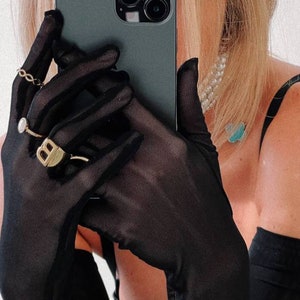 Midnight Elegance: Long Black Soft Mesh Gloves for Prom, For Party.