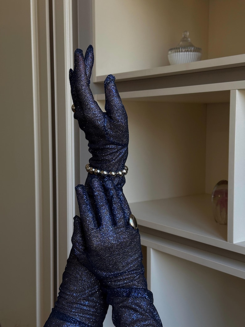 Navy Blue Glitter Opera Gloves – Dramatic Sparkly Evening Gloves ...