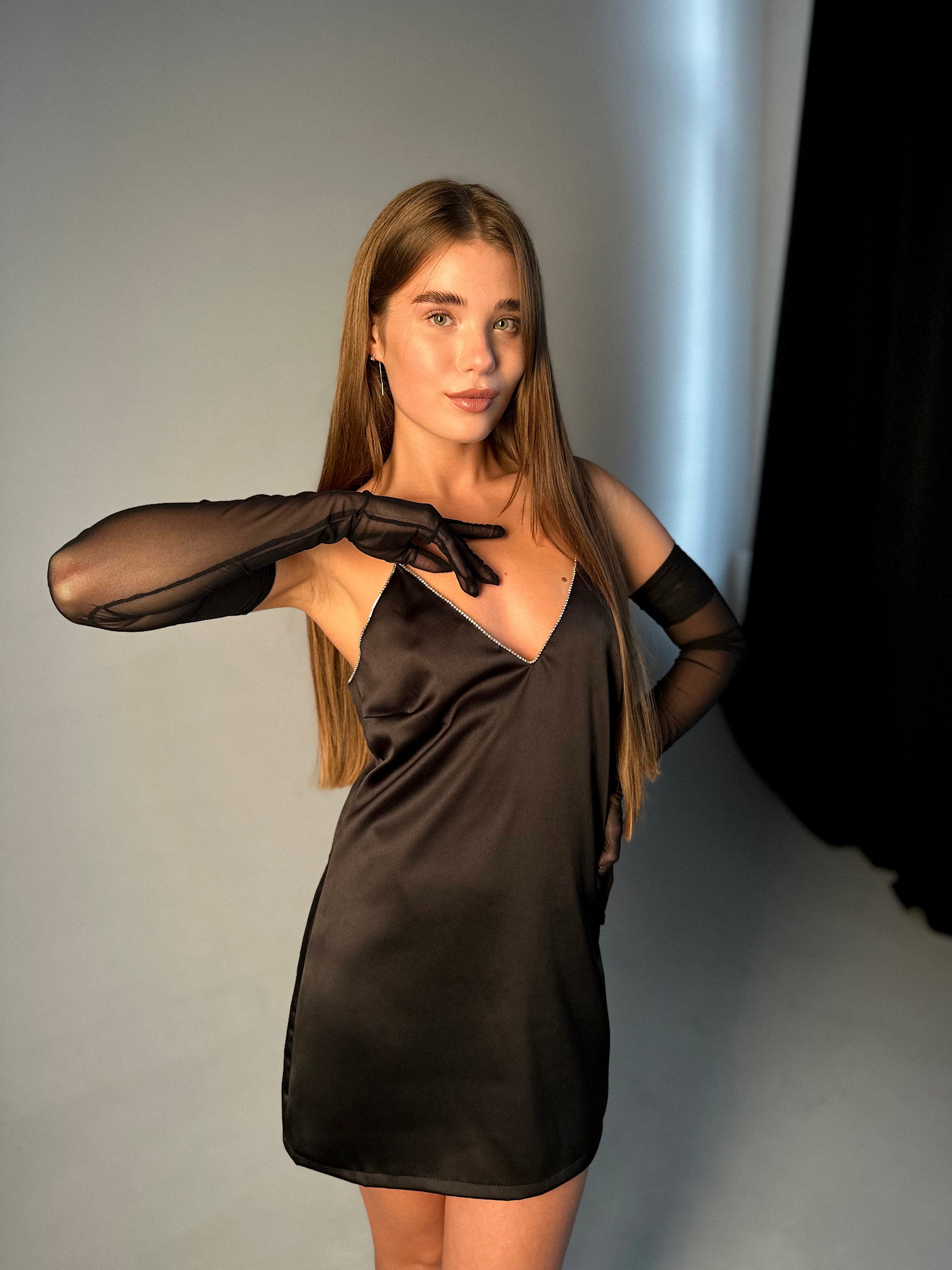black satin dress with diamond straps Black Satin Dress With Rhinestone Straps Detailing