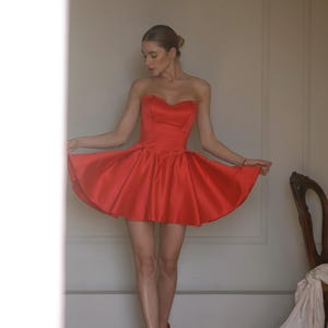 Bold Red Mini Dress with Pockets – Custom Length & Color – Strapless Party Dress with Corset Back