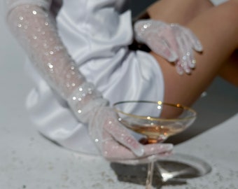 Glimmering Grace: Sparkling Long Gloves for Brides - A Bridal Must-Have, Wedding shiny gloves, fast shipping USA