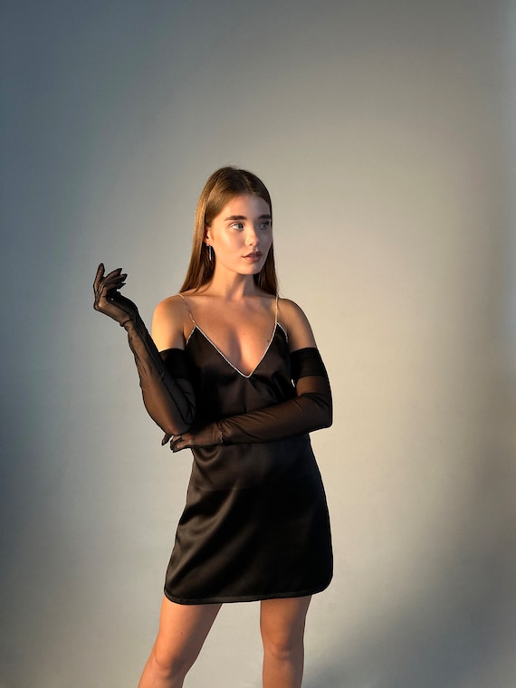 black satin dress with diamond straps Black Satin Dress With Rhinestone Buckle Straps
