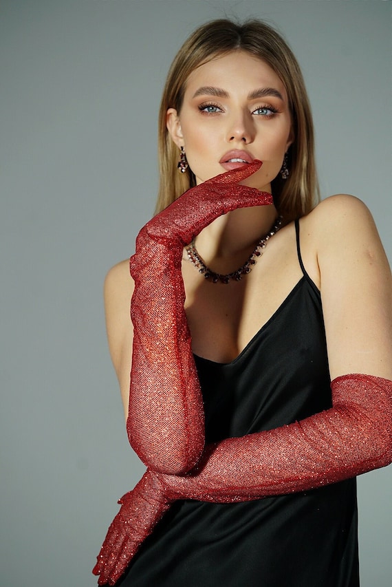 Dazzle in Crimson: Tall Red Shiny Glitter Gloves for Festive Glamour! Perfect for the holidays, parties, events, photoshoot