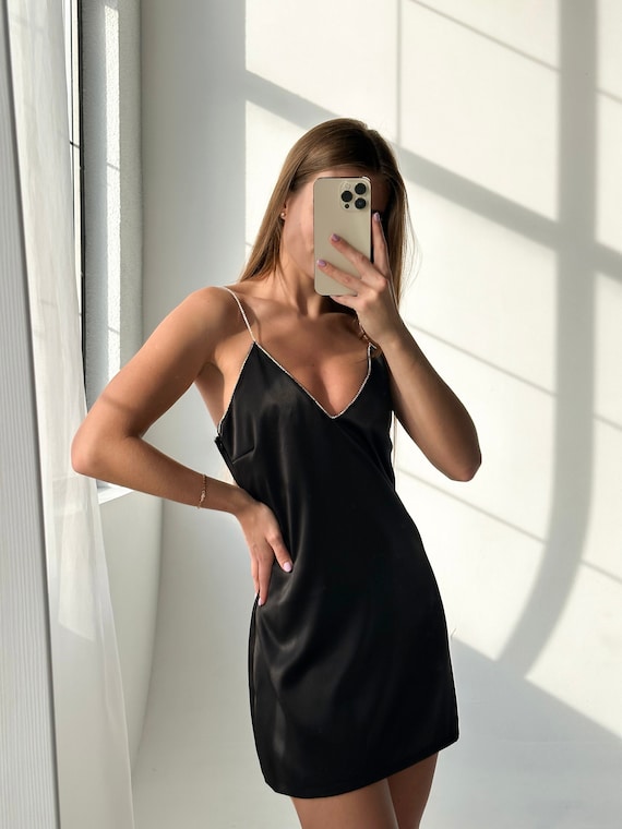 Slip Dress Black Dress With Diamond Straps Satin Chic: Little Black Dress With Dazzling Rhinestone Chain Slip Dress Black Dress With Diamond Straps Satin Chic: Little Black Dress With Dazzling Rhinestone Chain