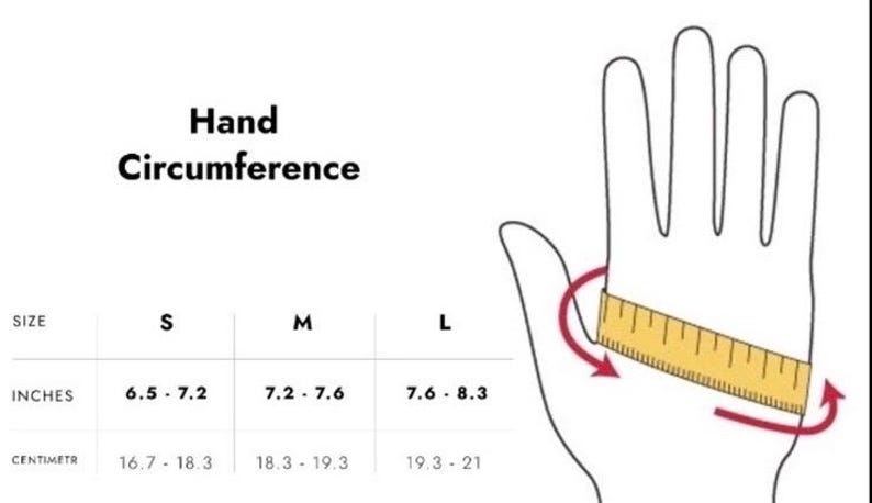 May include: A chart showing hand circumference measurements in inches and centimeters for small, medium, and large sizes. The chart includes the text "Hand Circumference".