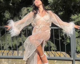 Glamourous Radiance: Transparent Glitter Boudoir Robe with Feathered Sleeves for Brides. Luxury Bridal Robe with Feather