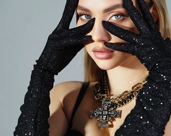 Elegance Unveiled: Black Shiny Glitter Gloves for a Dazzling Holiday Season. Perfect for the holidays, parties, events, photoshoot