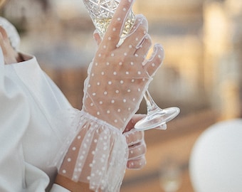 White sheer polka dot gloves with ruffle for wedding, brides, party