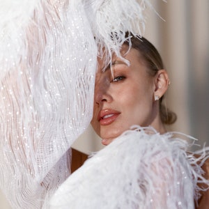 May include: A white feather and sequin top with a sheer fabric. The top has long sleeves and a loose fit.