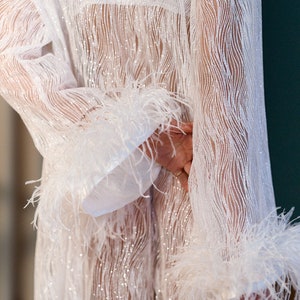 May include: A white sheer robe with a sparkly, wavy pattern and feather trim on the sleeves.