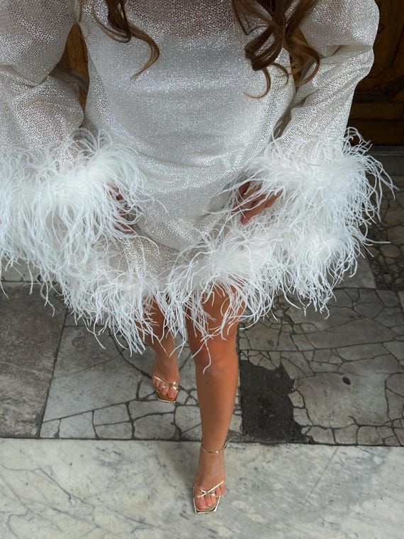 Glamorous Silver Sparkly Dress With Ostrich Feather Details for