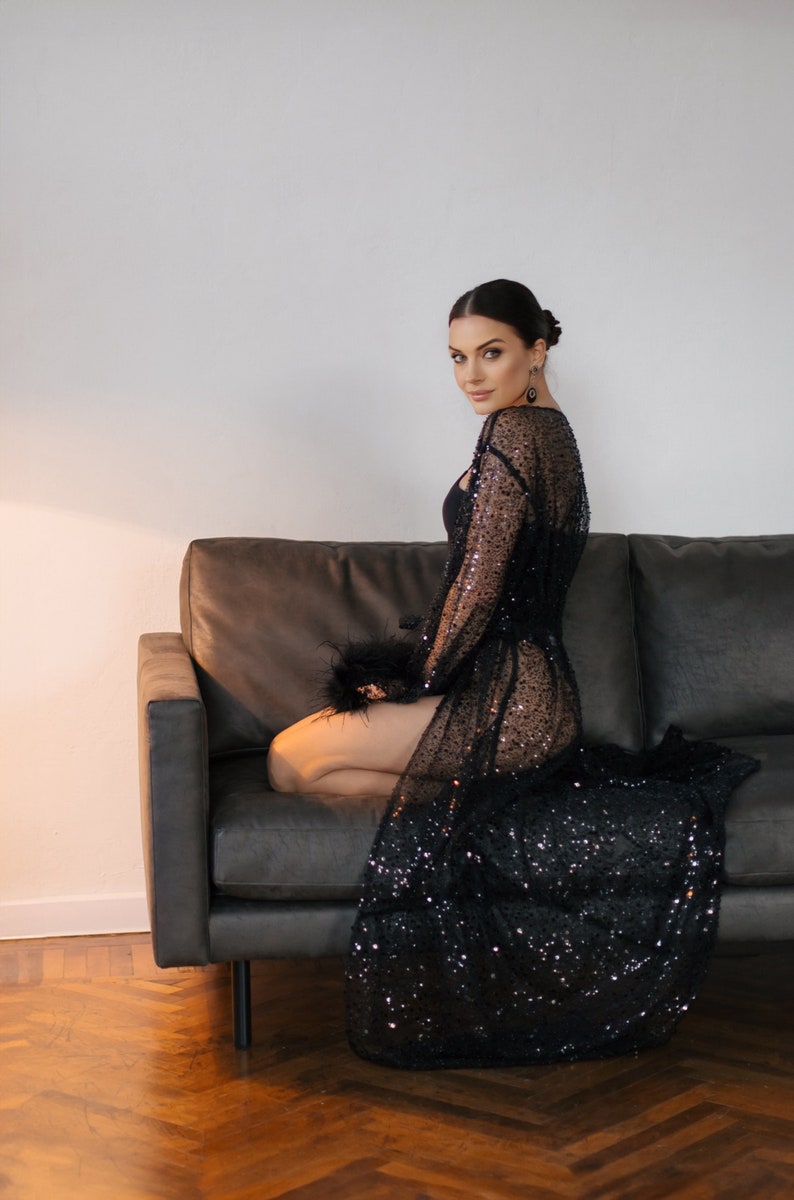 Enchanting Nights: Black Sheer Robe With Beads, Sequins, and Glamorous ...
