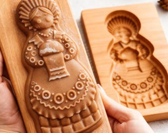 Gingerbread Lady Cookie Mold: Embossed Wooden Cookie Stamp