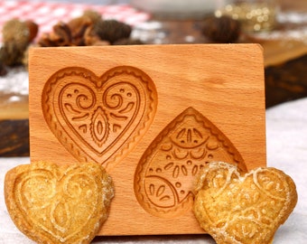 Heart Pattern Wooden Cookie Mold: Springerle Embosser
