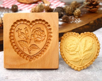 Rose Heart Wooden Cookie Mold: Springerle Gingerbread Cutter