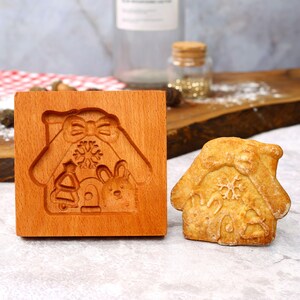 Christmas House Cookie Mold, Wooden Cookie Cutter with Bow Tie, Cookie Embosser, Springerle Mold