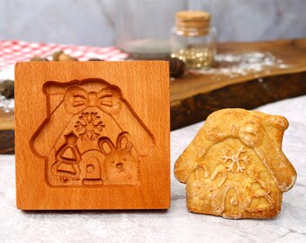 Christmas House Cookie Mold: Wooden Embosser with Bow Tie