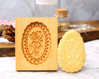 Wooden Rose Cookie Mold, Ellipse Cookie Cutter, Flower Biscuit Mold, Embossing Cookie, Gingerbread Mold