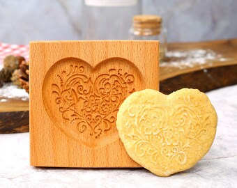 Flowers in Heart Wooden Cookie Mold - Christmas Gingerbread Embosser