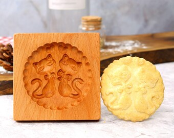 Cat Cookie Cutter: Wooden Biscuit Stamp, Animal Cookie Mold