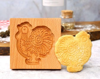 Stampo per biscotti in legno a forma di gallo: cottura di Springerle in rilievo