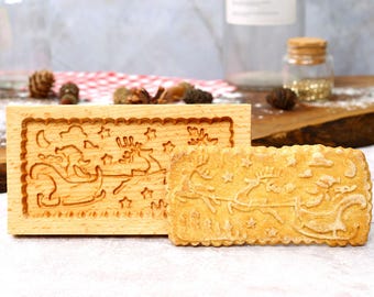 Molde de madera para galletas de alce de Papá Noel: sello para hornear navideño