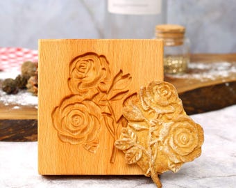 Blooming Roses Cookie Mold: Wooden Springerle Cutter (3.9''x3.9'')