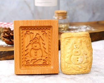 Wooden Snowman with Tree Cookie Mold, Holiday Cooking, Biscuit Cutter, Embossing Cookie