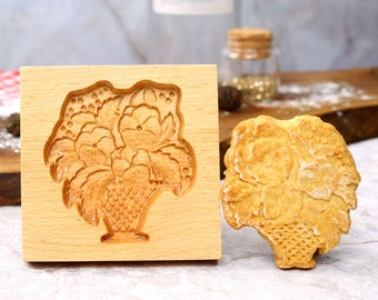 Wooden Flower Basket Cookie Mold: Charming Rose Biscuit Cutter