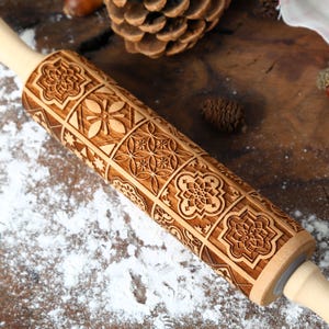 Pattern Rolling Pin, Embossed Rolling Pin, Embossing Roller for Cookies, Carved Rolling Pin, Wooden Rolling Pin