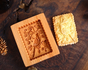 Flower and Bird Wooden Cookie Mold: Embossed Cookie Cutter