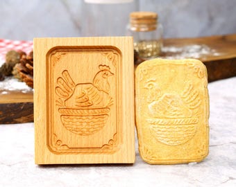Wooden Hen Cookie Mold: Square Biscuit Cutter, Gingerbread Stamp