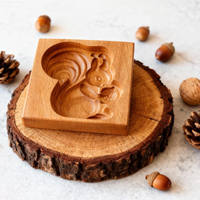 May include: A square, wooden mold with a carved squirrel design holding a nut. The mold is light brown and sits on a wooden slice, surrounded by acorns, a walnut, and a pinecone. The squirrel design is detailed and the wood grain is visible.